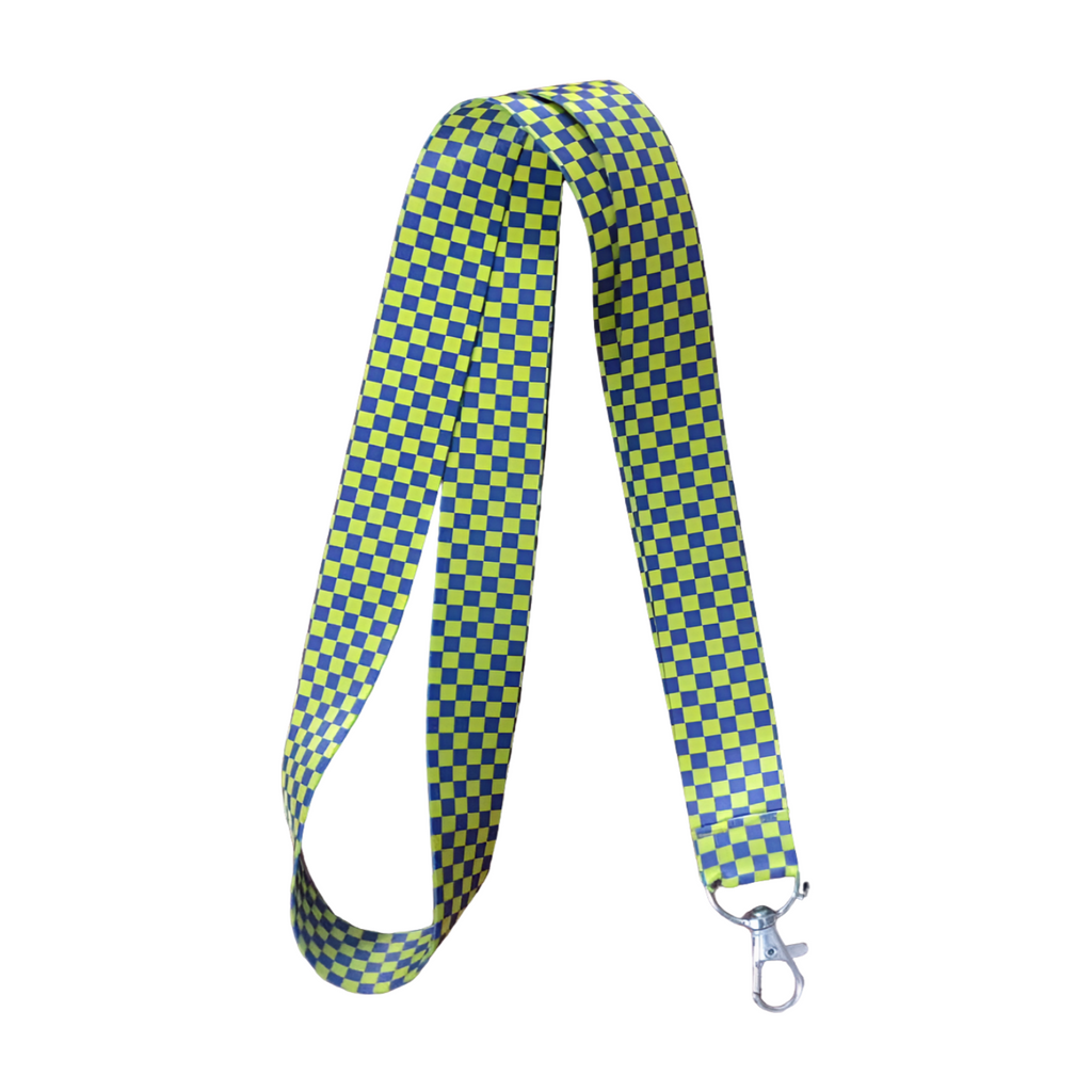 Sarı Lacivert Dama Kare Desenli Boyun Askı ipi ve Telefon Askısı + Kartlık