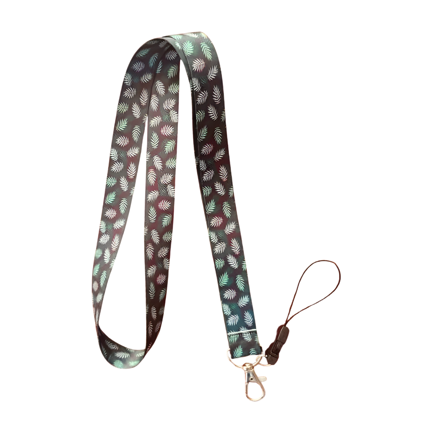 Lacivert Zemin Yeşil Yapraklar Desenli Boyun Askı ipi ve Telefon Askısı + Kartlık