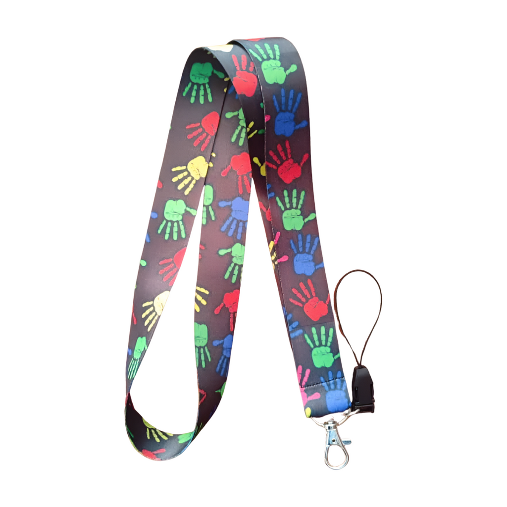 Renkli El Izleri Desenli Boyun Askı ipi ve Telefon Askısı + Kartlık